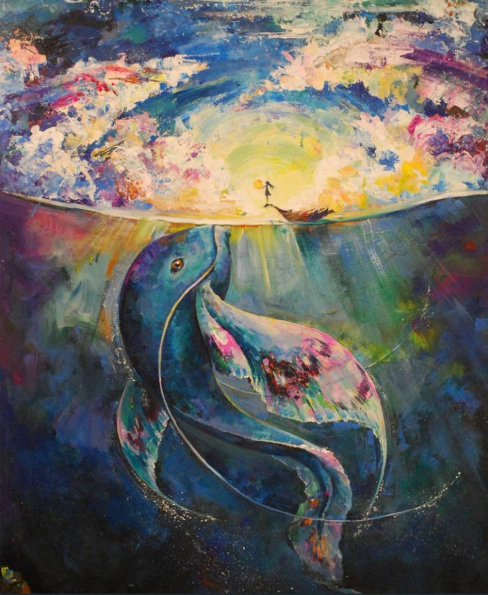 Painting: figure on the shore at sunset, mythic fish swimming beneath the waves